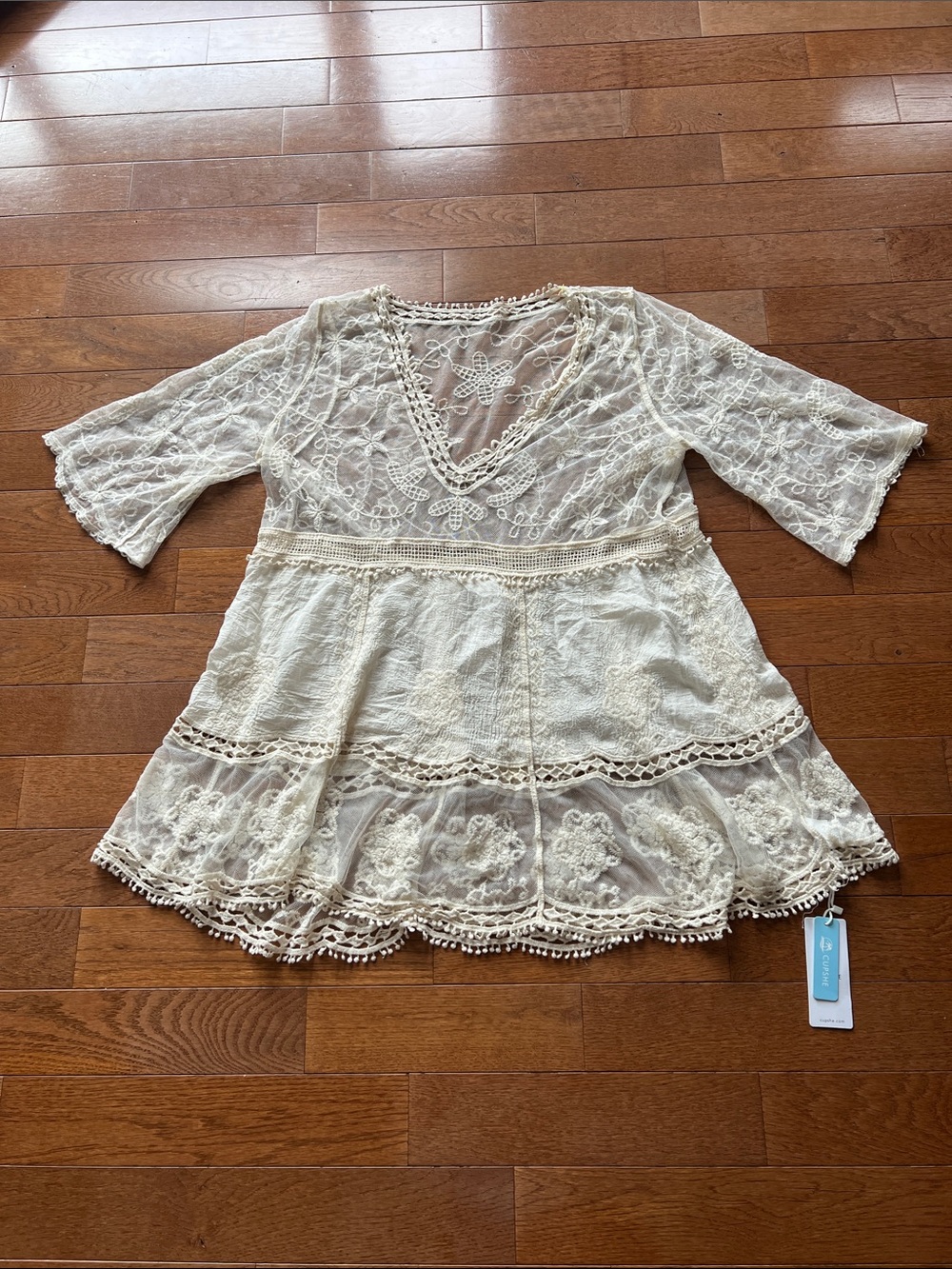 💦Cupshe Cream Lace Boho Swim Coverup Tunic/Dress-NWT💦